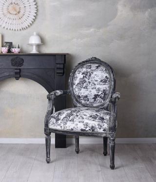 fotel meble barokowe toile de jouy czerń i biel