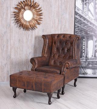 fotel uszak & stołek styl chesterfield
