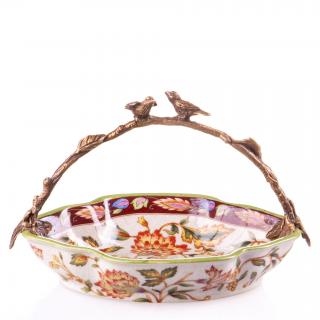 patera dwie figurki ptaszków porcelana i brąz