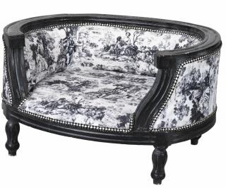 sofka legowisko dla psa styl barokowy toile de jouy czerń i biel