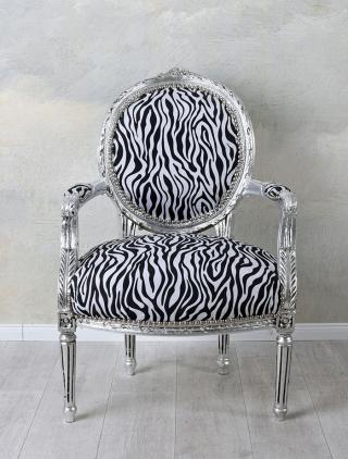 srebrny fotel meble barokowe zebra