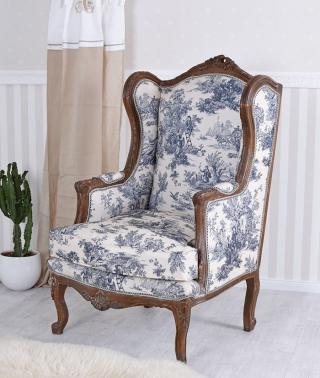 toile de jouy fotel uszak w stylu barokowym